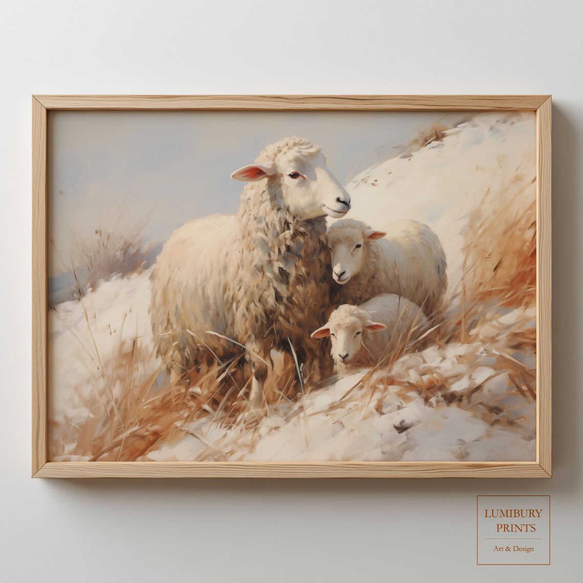 Mother Sheep and Lambs in Snow Rustic Winter Oil Painting Style Poster