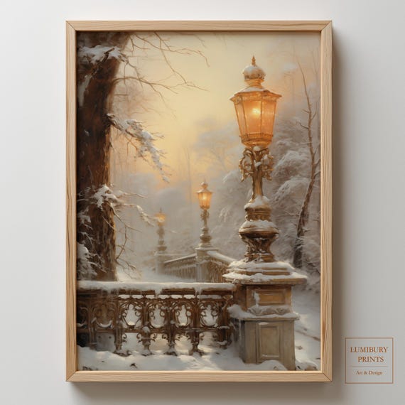 Winter Park Print Landscape Painting Snow Covered Bridge Art Lamp Post Decor Instant