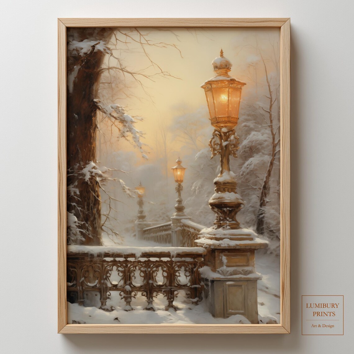 Winter Park Snowy Bridge Golden Lamps Cozy Evening Painting Wall Art