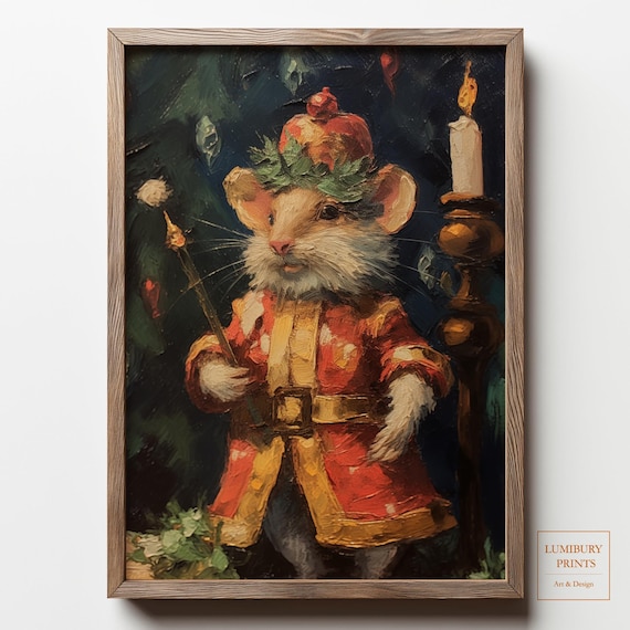 Mouse King in Royal Red and Gold Coat Vintage Christmas Oil Poster