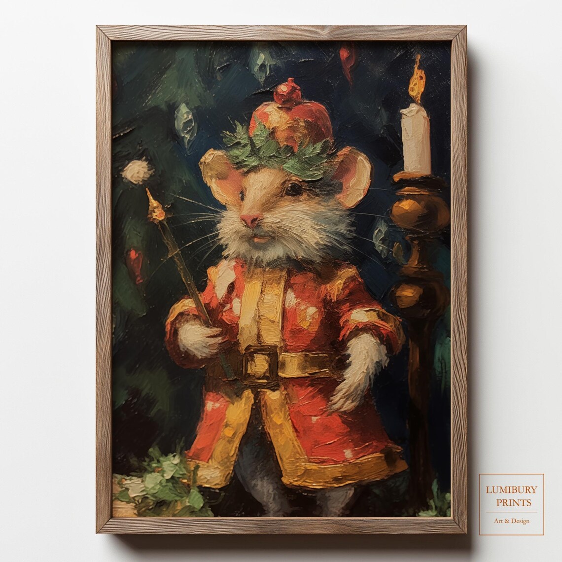 Mouse King in Royal Red and Gold Coat Vintage Christmas Oil Poster