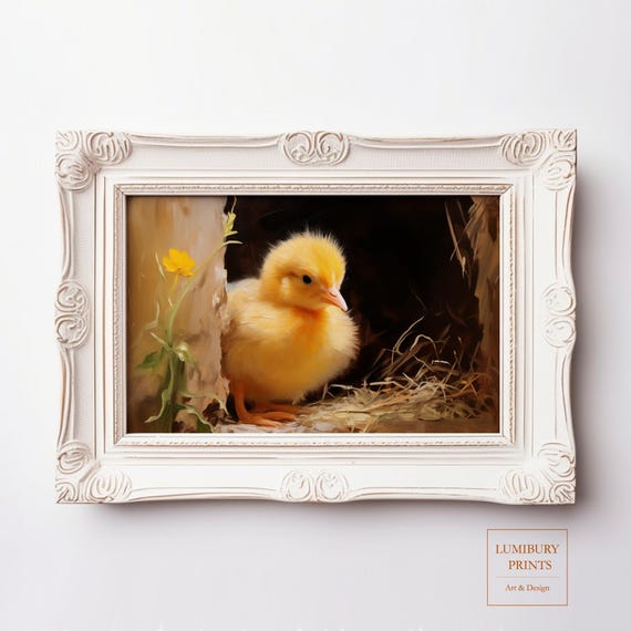 Vintage Impressionist Chick Oil Painting Easter Spring Wall Art Farmhouse Animal Print