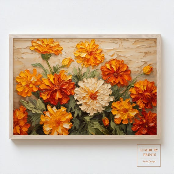 Marigold Flower Print Fall Botanical Wall Art Rustic Floral Vintage Kitchen Decor Autumn Instant
