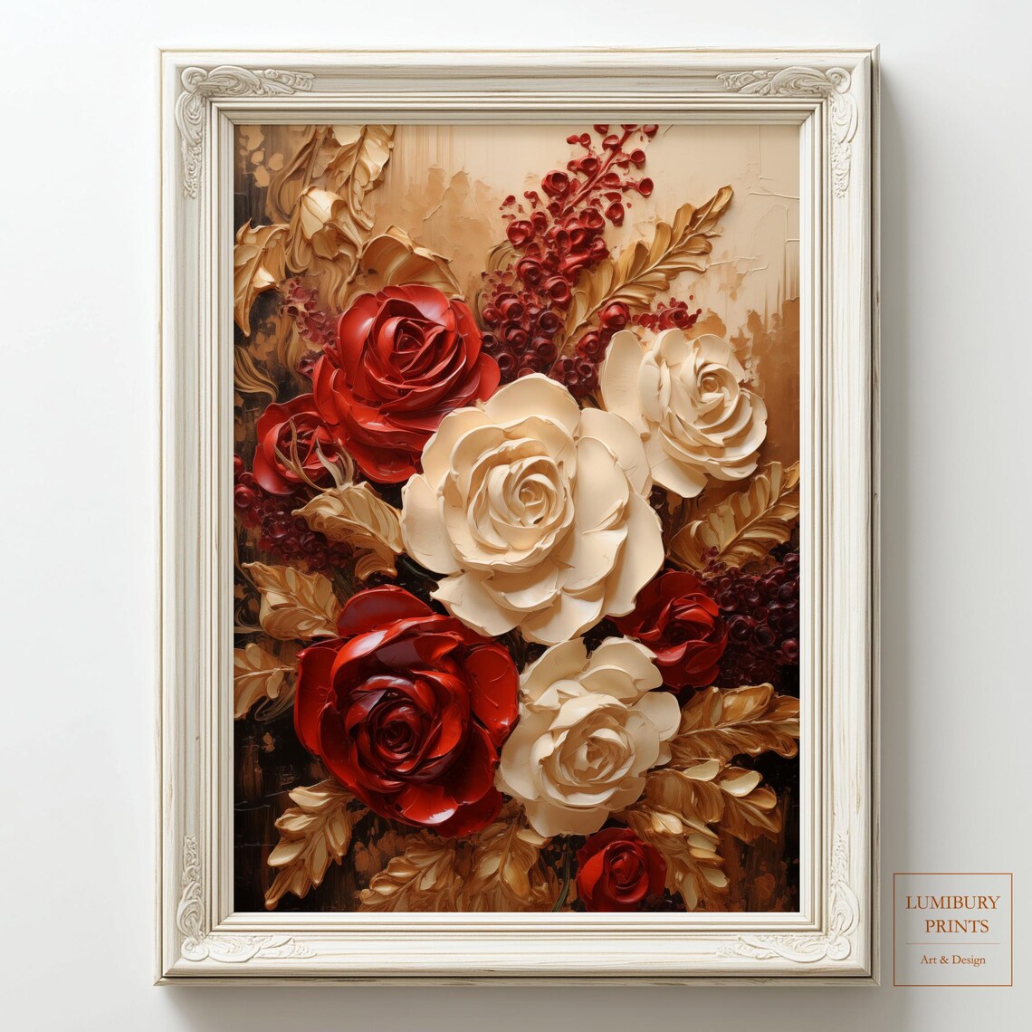 Red Cream Roses Impasto Floral Bouquet Painting Wall Decor Poster