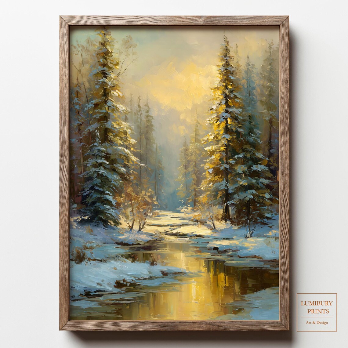 Golden Sunset Snowy Pine Forest Stream Reflection Impressionist Wall Art