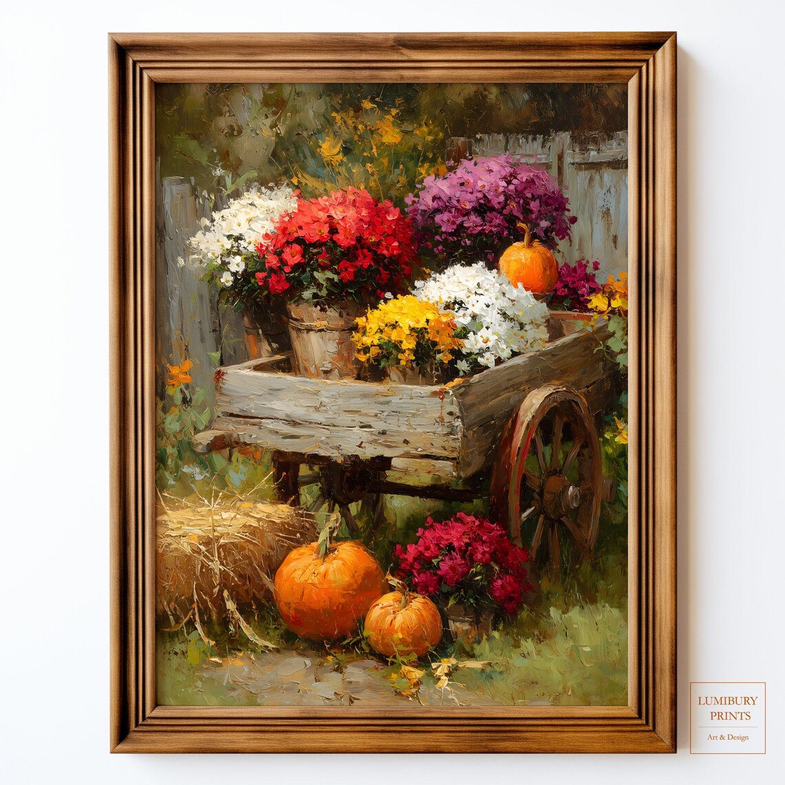 Autumn Harvest Pumpkins and Mums Wagon Oil Painting Fall Poster