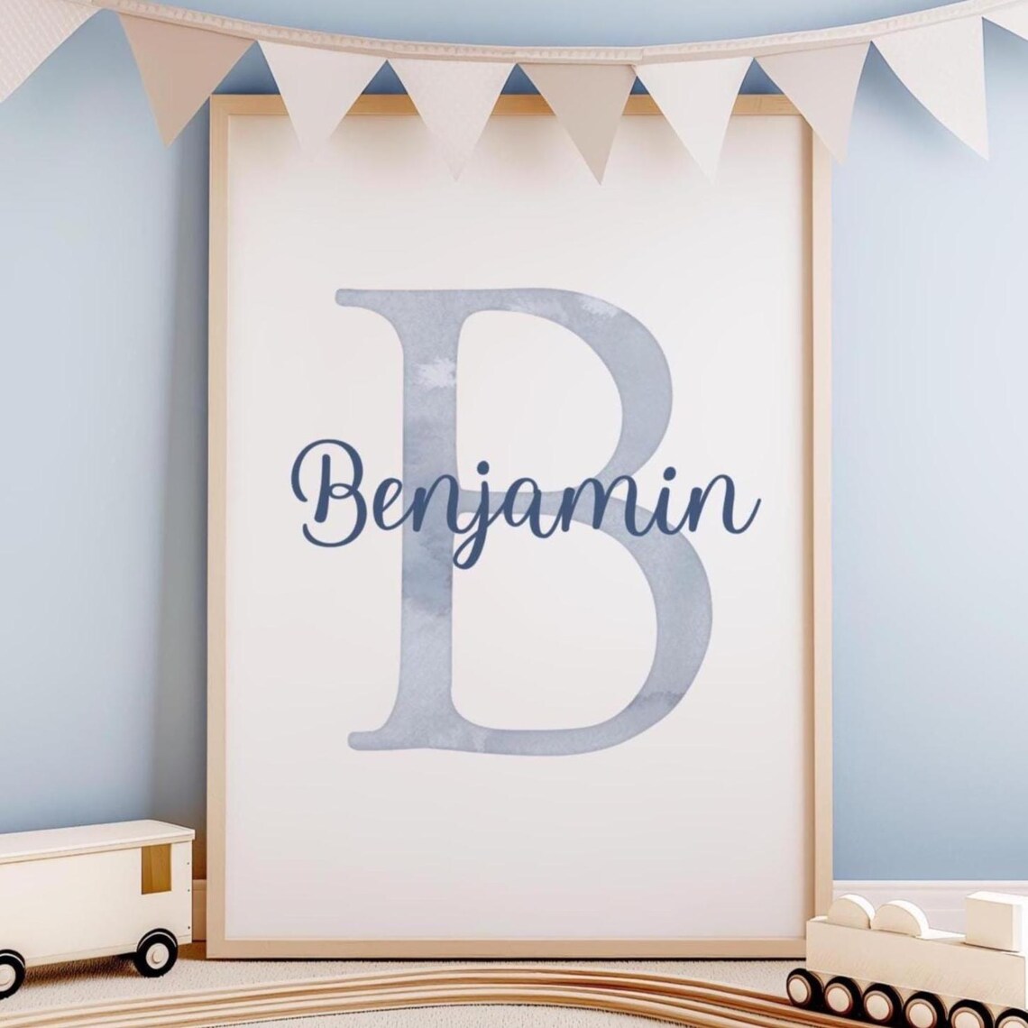 Benjamin Watercolor Letter B Nursery Art Print Blue Boy Room Decor Gift