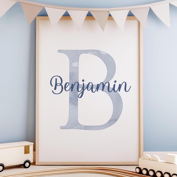 Boy Playroom Blue Initial Wall Decor Above Crib Personalized Child Name Nursery Watercolor Print Inexpensive 1st Birthday Nephew