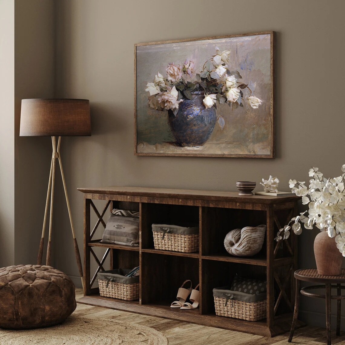 White Roses in Blue Vase Vintage Floral Still Life Painting Poster - Image 3