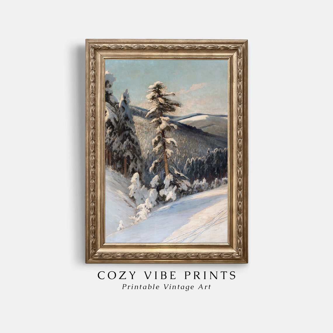 Vintage Snowy Winter Mountain Forest Spruce Trees Oil Painting Poster - Image 2