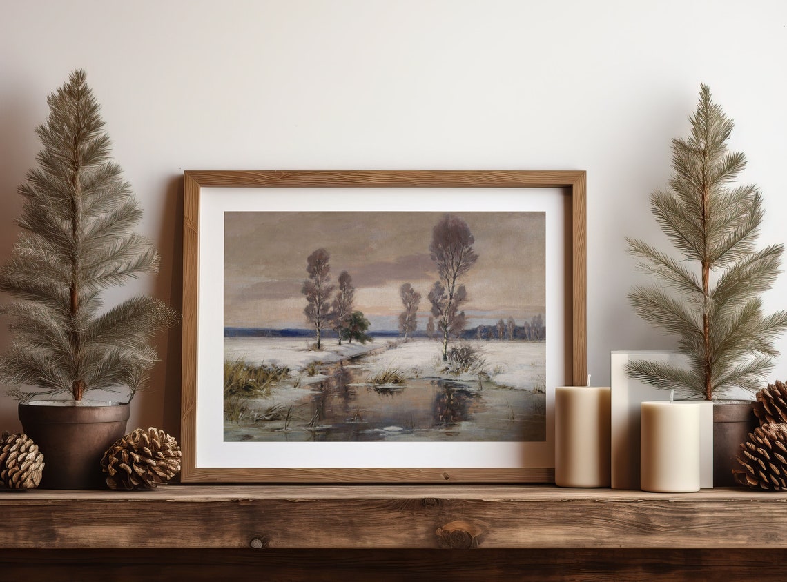 Vintage Winter Stream Snowy Landscape With Birch Trees At Dusk Poster - Image 3