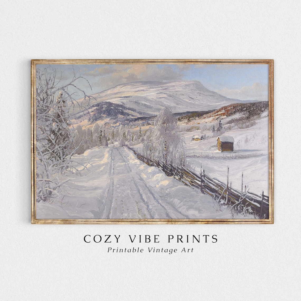 Snowy Mountain Road Farmhouse Vintage Winter Landscape Oil Painting Print