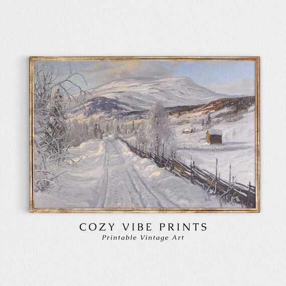 Snowy Mountain Road Farmhouse Vintage Winter Landscape Oil Painting Print