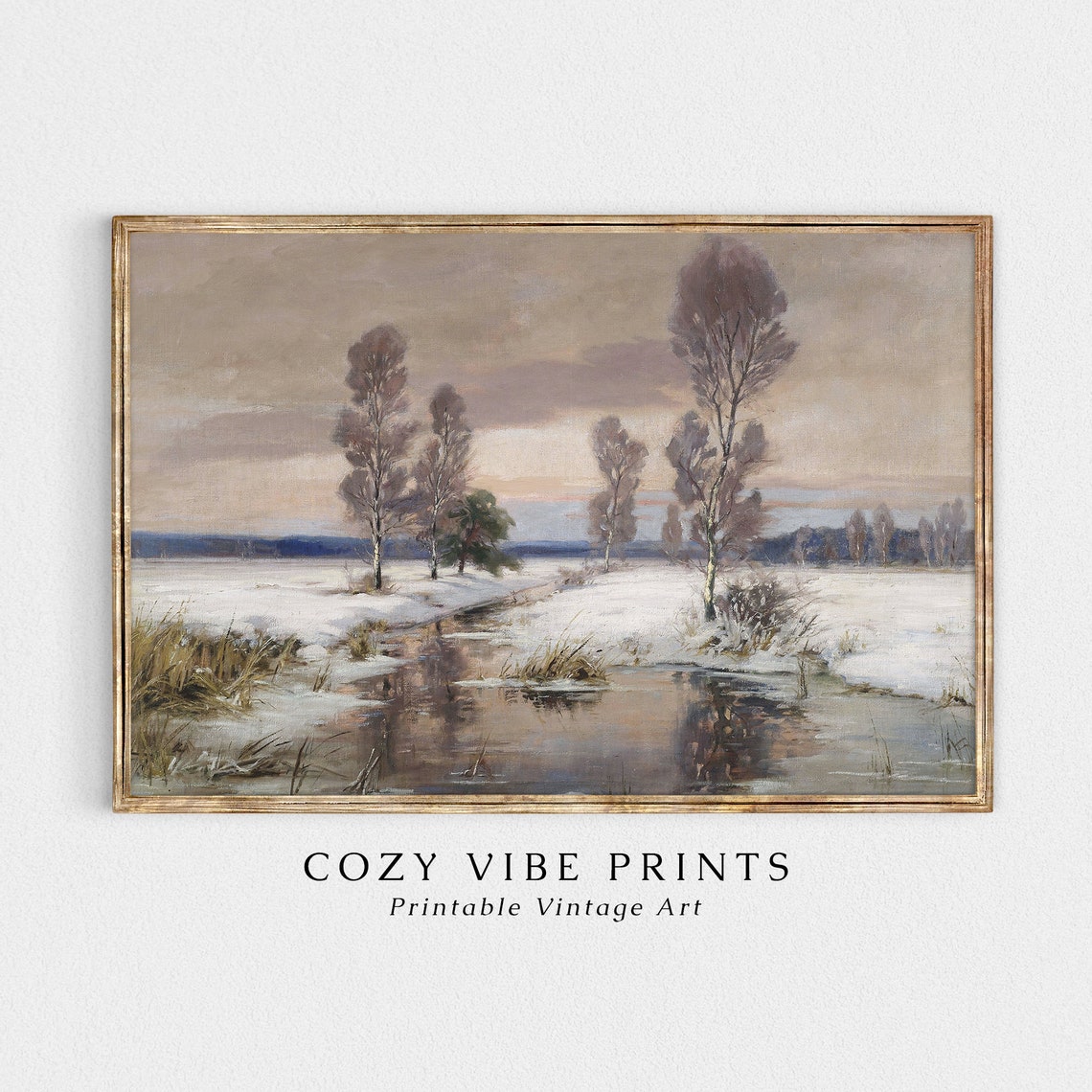 Vintage Winter Stream Snowy Landscape With Birch Trees At Dusk Poster