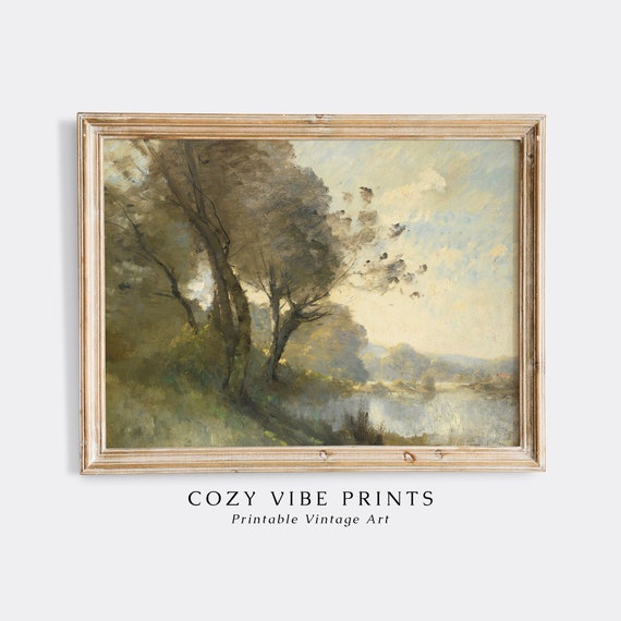 Soft Tones Riverside Landscape Oil Painting Vintage Wall Art Muted Green Trees Print Rustic French Decor