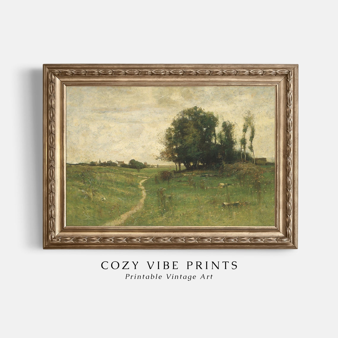 Green Field Country Path Village Vintage Pastoral Landscape Poster - Image 2