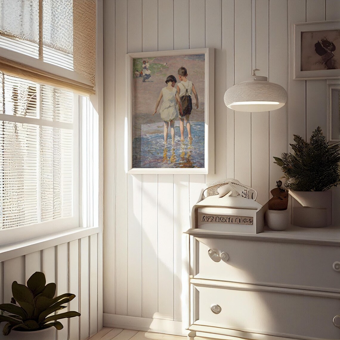 Two Children Wading at the Beach Vintage Summer Seaside Painting Poster - Image 4