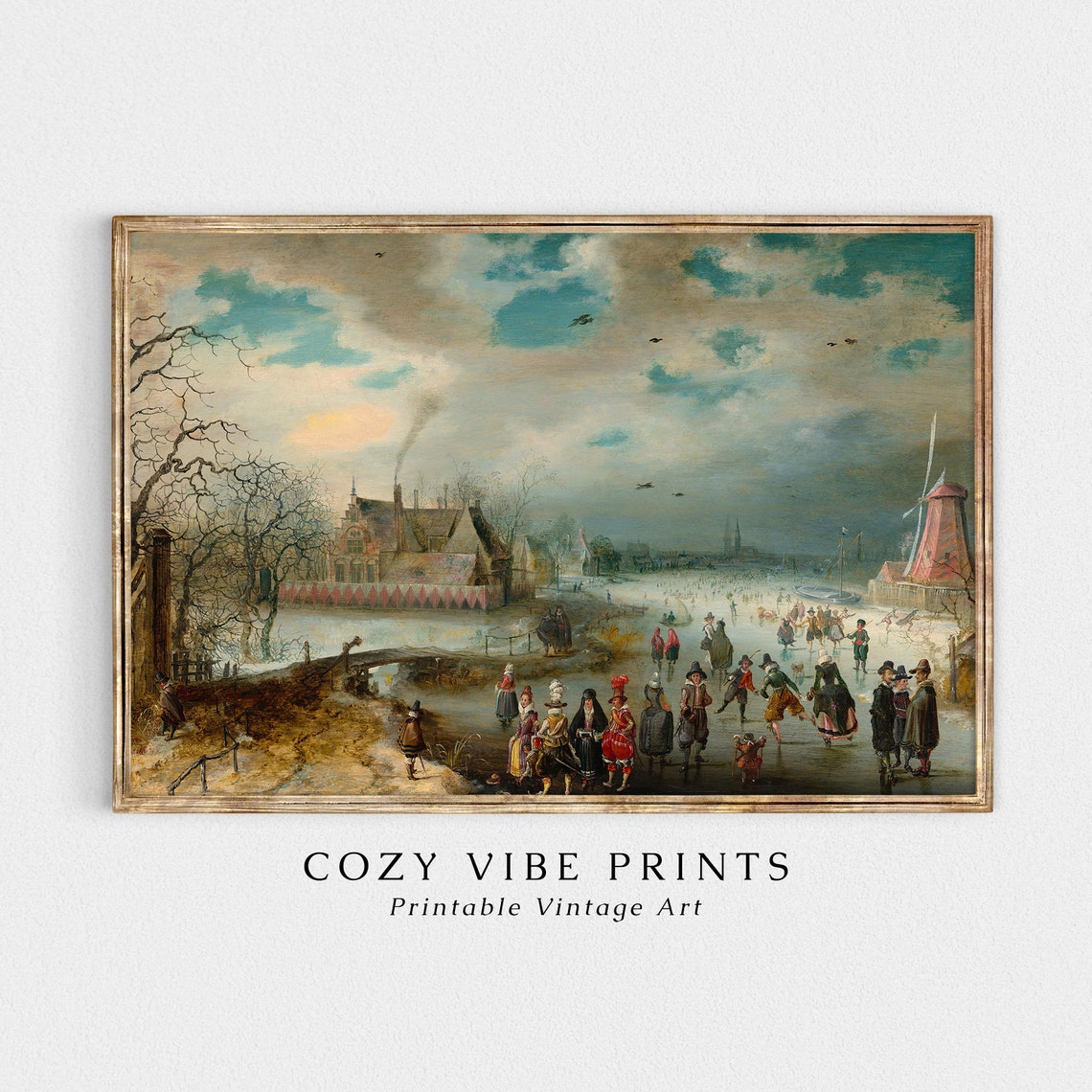 Dutch Winter Skaters on Frozen Canal Old Masters Scene Painting Poster - Image 2