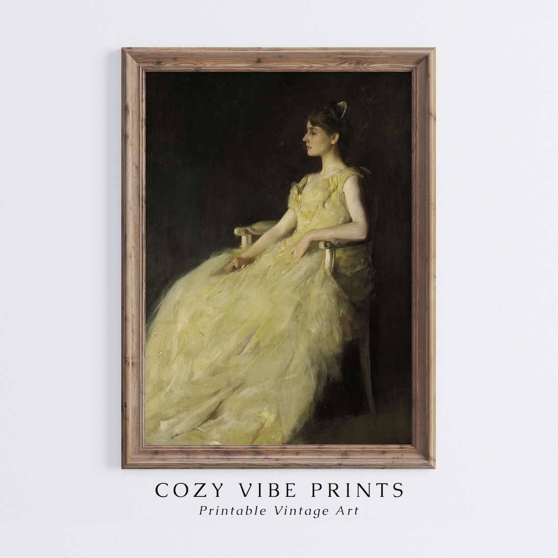 Vintage Portrait Of Young Woman In Yellow Dress Seated Elegant Poster - Image 2