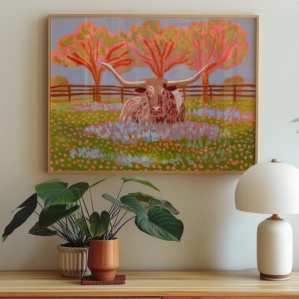 Texas Longhorn Wildflowers Vintage Western Art Print