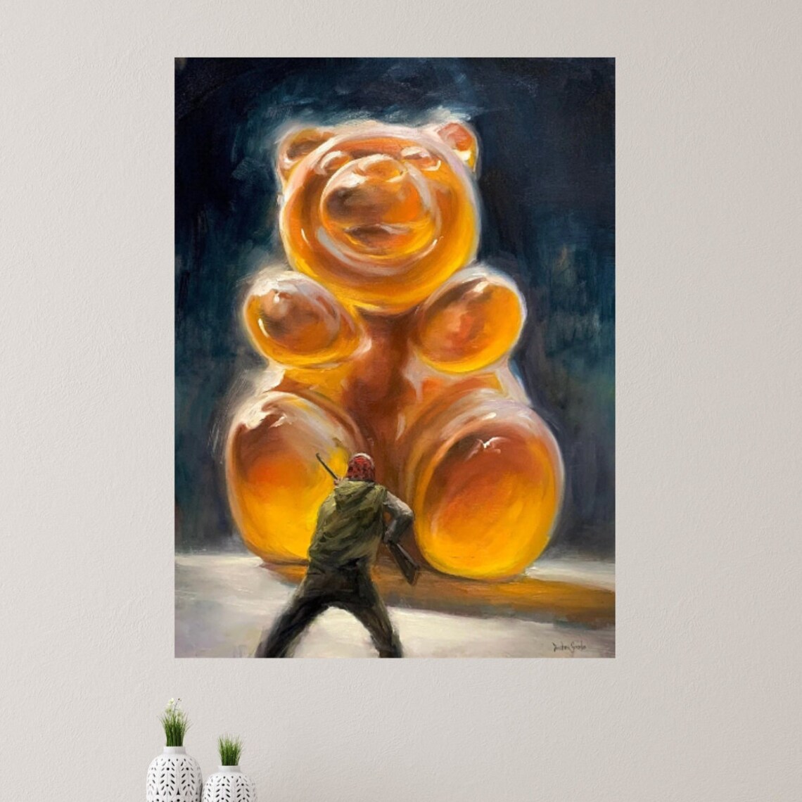 Giant Amber Gummy Bear Surreal Pop Art Humor Painting Poster