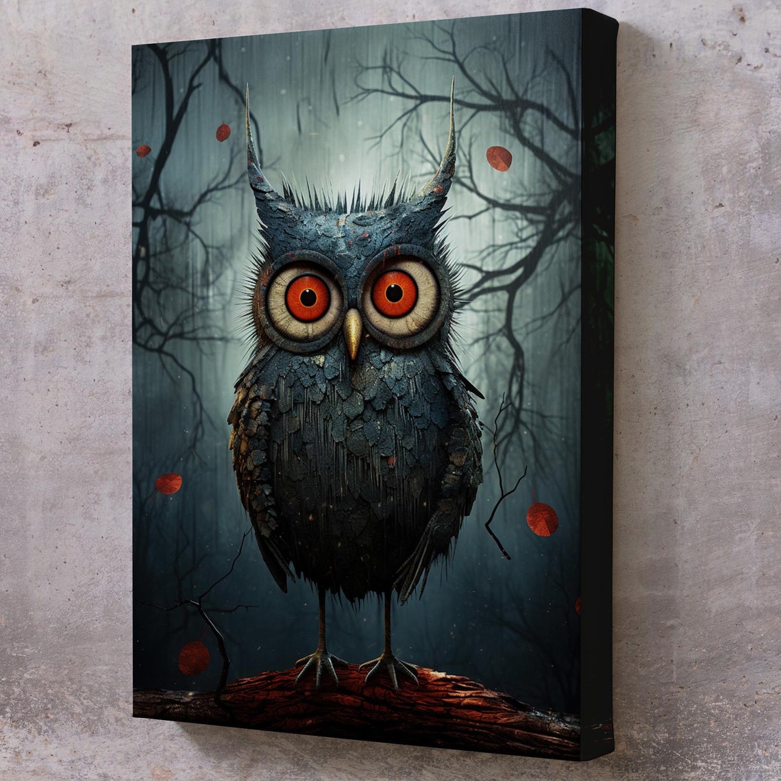 Whimsical Big Eyed Owl Misty Forest Quirky Dark Animal Art Poster