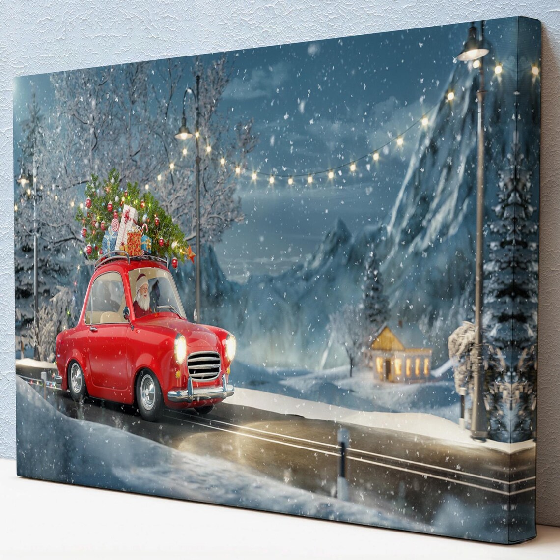 Santa Claus Driving Red Vintage Car Snowy Night Christmas Wall Art
