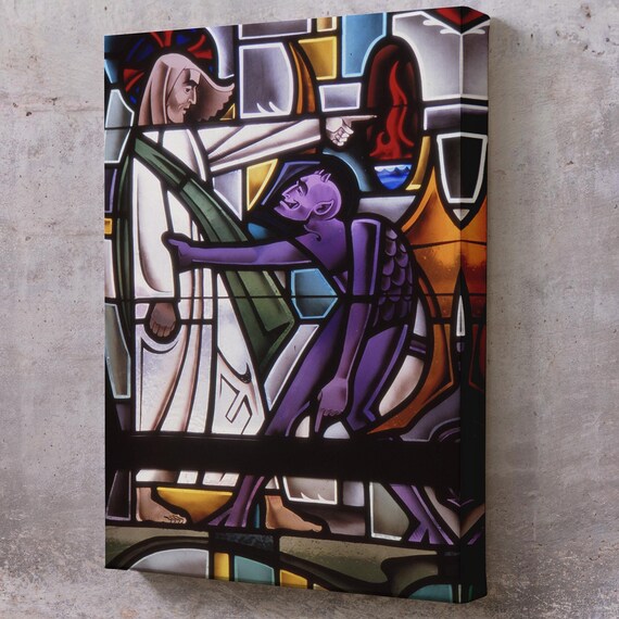 Jesus And Devil Stained Glass Style Religious Scene Art Poster