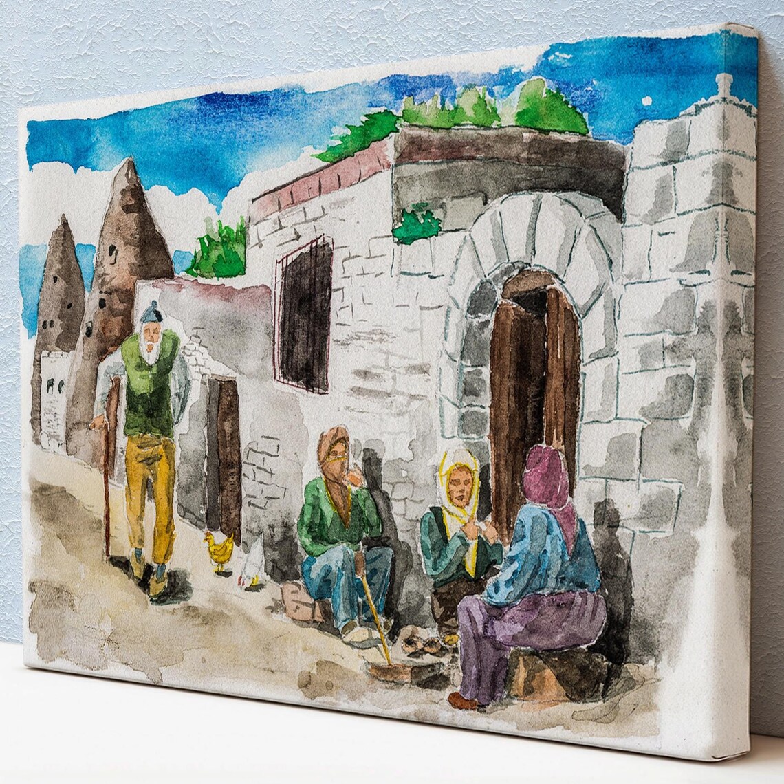 Cappadocia Village Watercolor Fairy Chimneys Stone Houses Scene Print