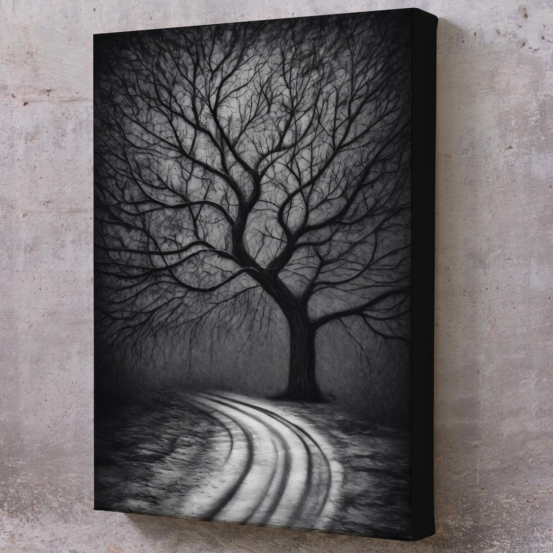 Mysterious Bare Tree In Dark Fog Winding Path Black White Art Poster