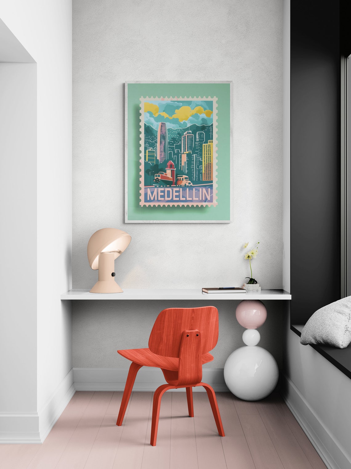 Medellin Colombia Cable Car Skyline Vintage Stamp Art Travel Poster - Image 5