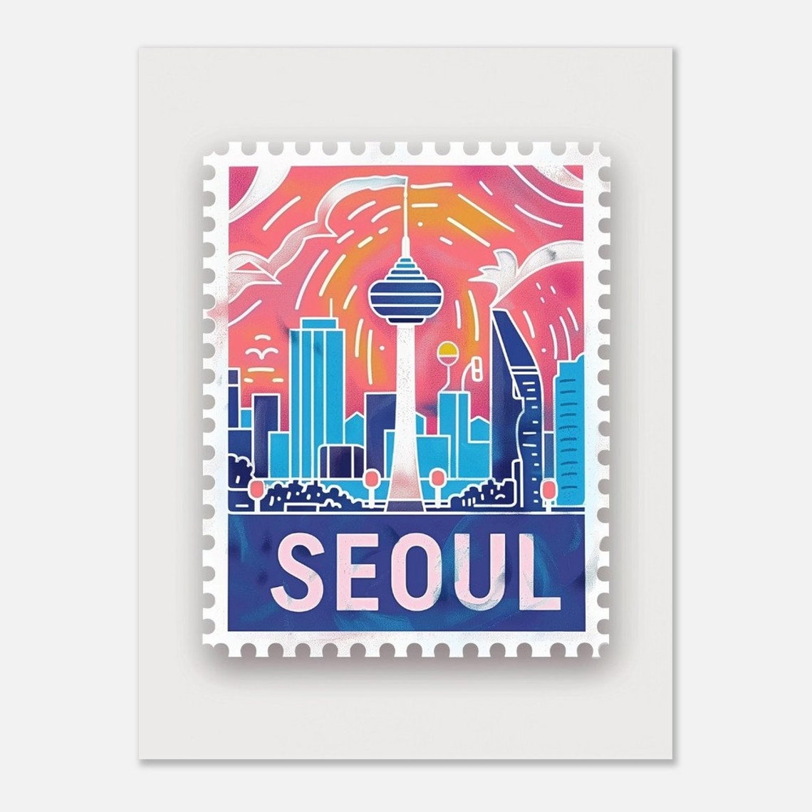 Seoul South Korea N Seoul Tower Skyline Sunset Stamp Travel Poster - Image 2