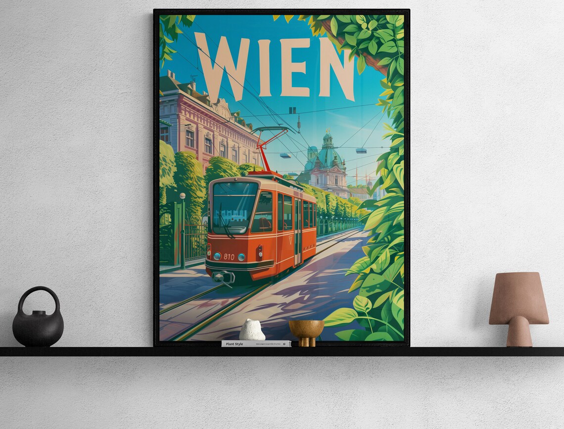 Wien Red Tram on Leafy Boulevard with Dome Vintage Travel Poster - Image 3