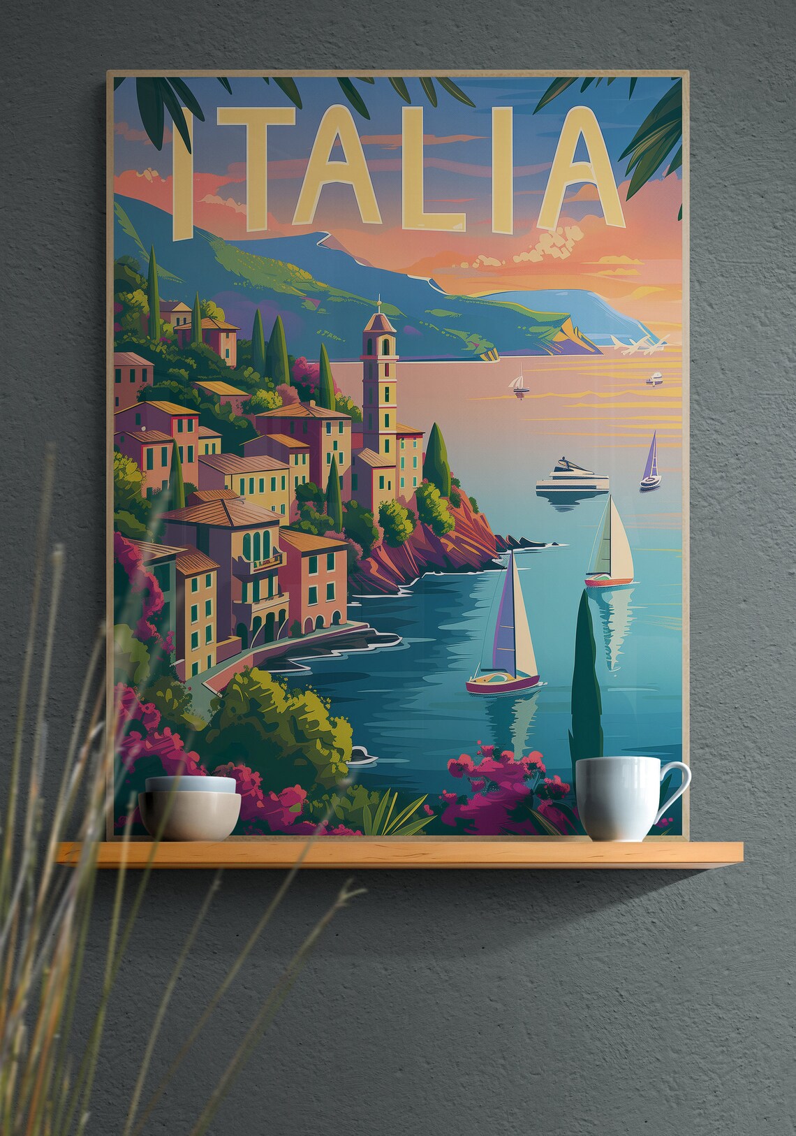 Italia Coastal Cliffs Seaside Sailboats Sunset Travel Poster