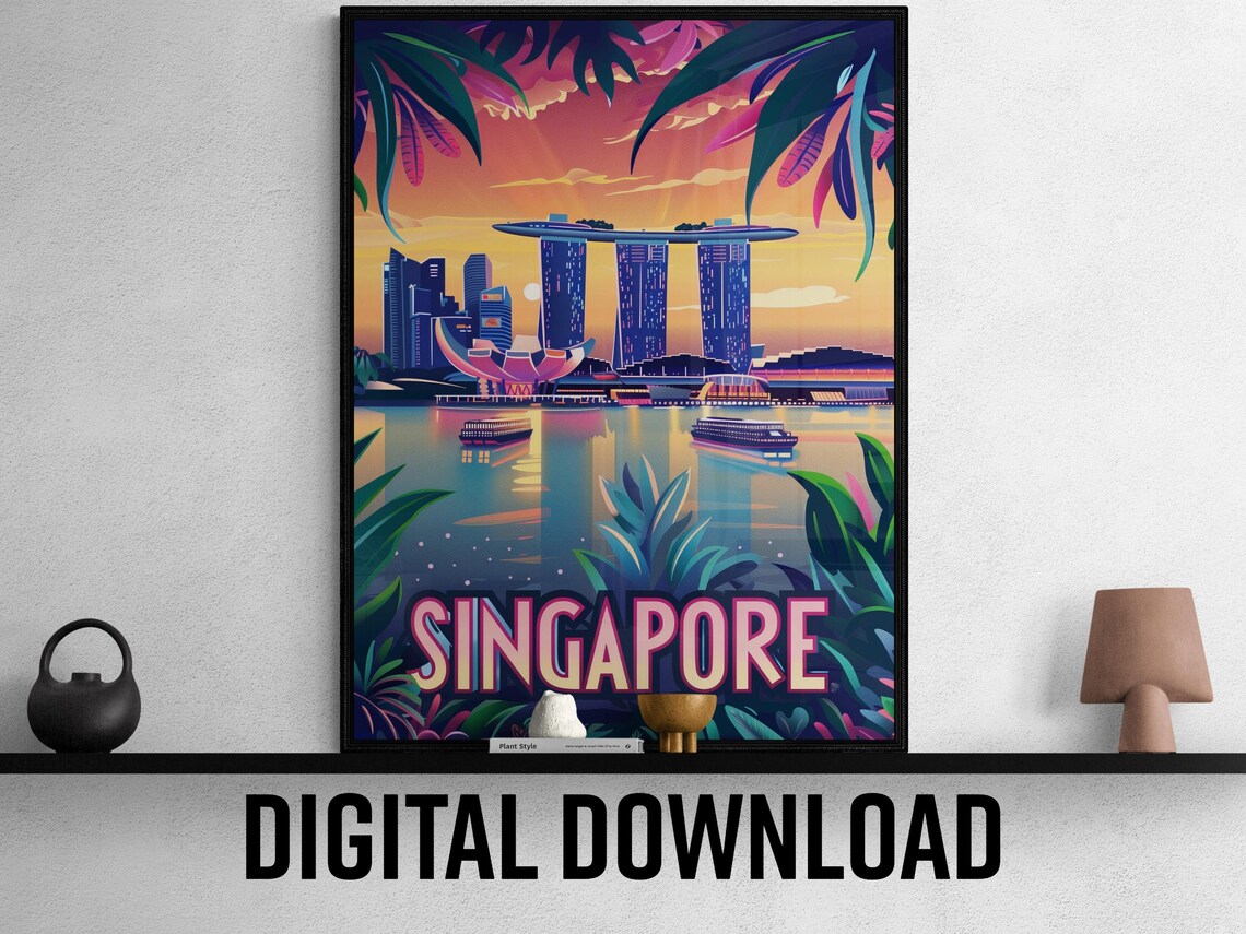 Singapore Marina Bay Sands Sunset Skyline Tropical Travel Poster