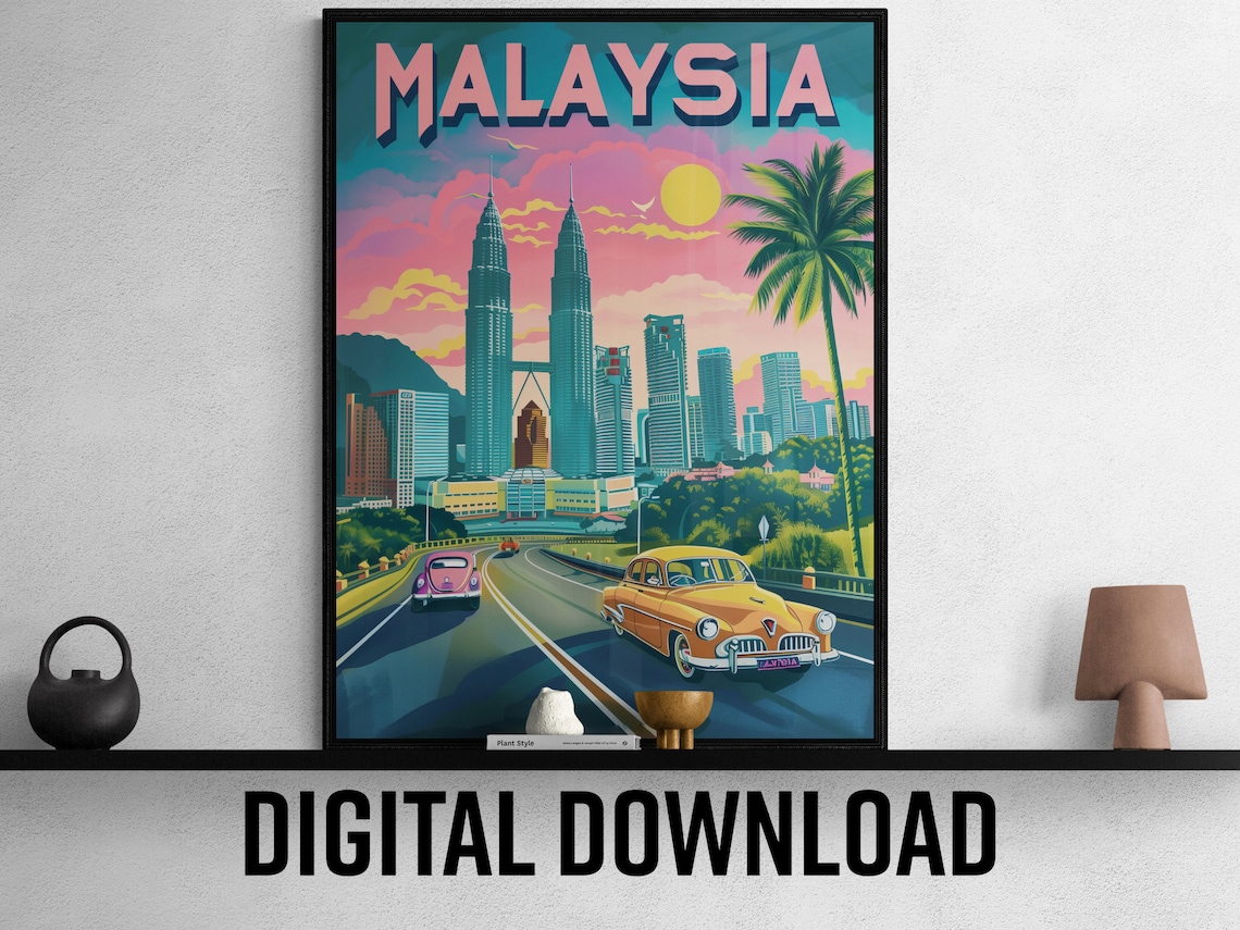 Malaysia Kuala Lumpur Twin Towers Vintage Cars Sunset Poster