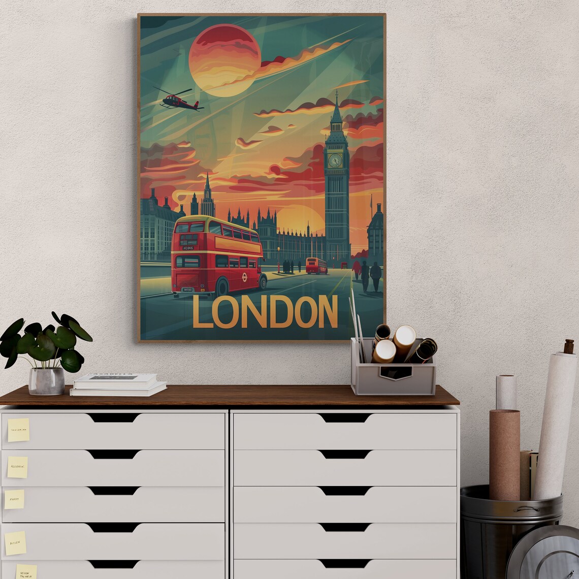 London Big Ben Red Double Decker Bus Retro Sunset Travel Poster - Image 2