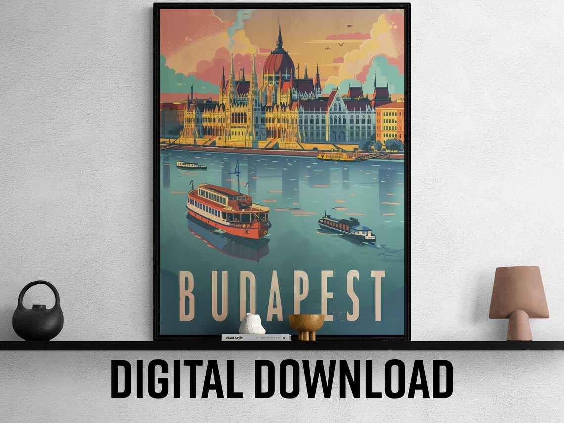 Budapest Grand Parliament Danube Boats Sunny Day Travel Poster