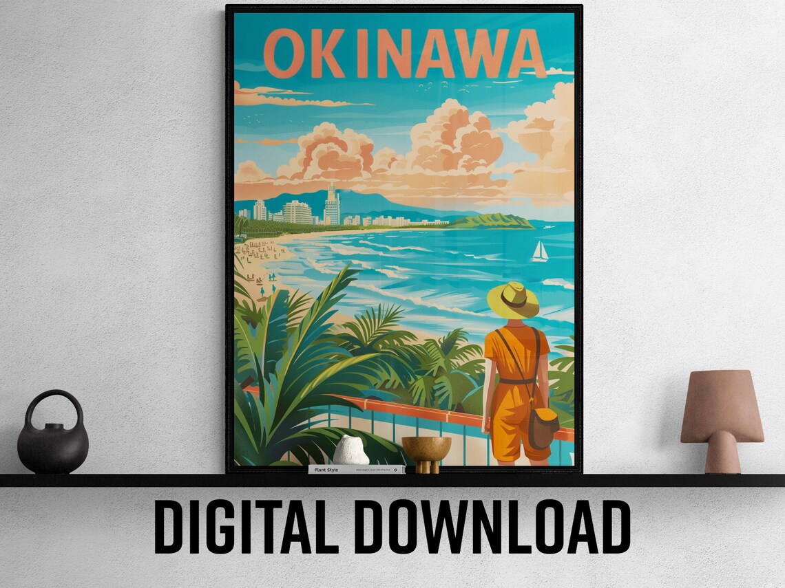 Okinawa Japan Tropical Beach Bay Palm View Travel Poster Art