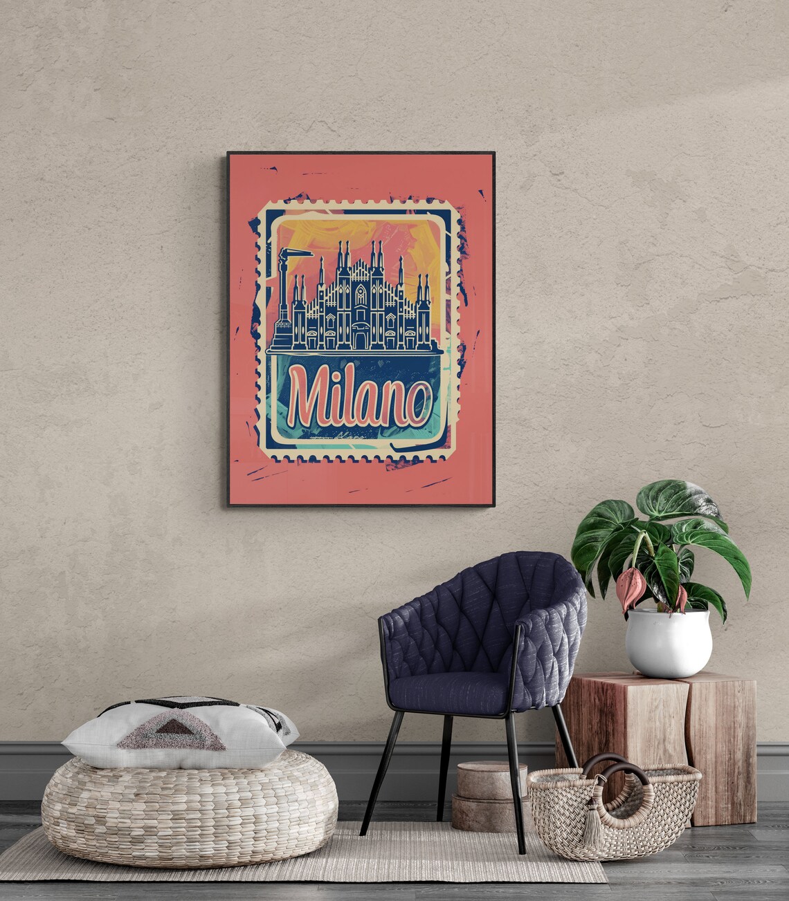 Milan Duomo Silhouette Pink Grunge Vintage Stamp Italy Travel Poster - Image 4