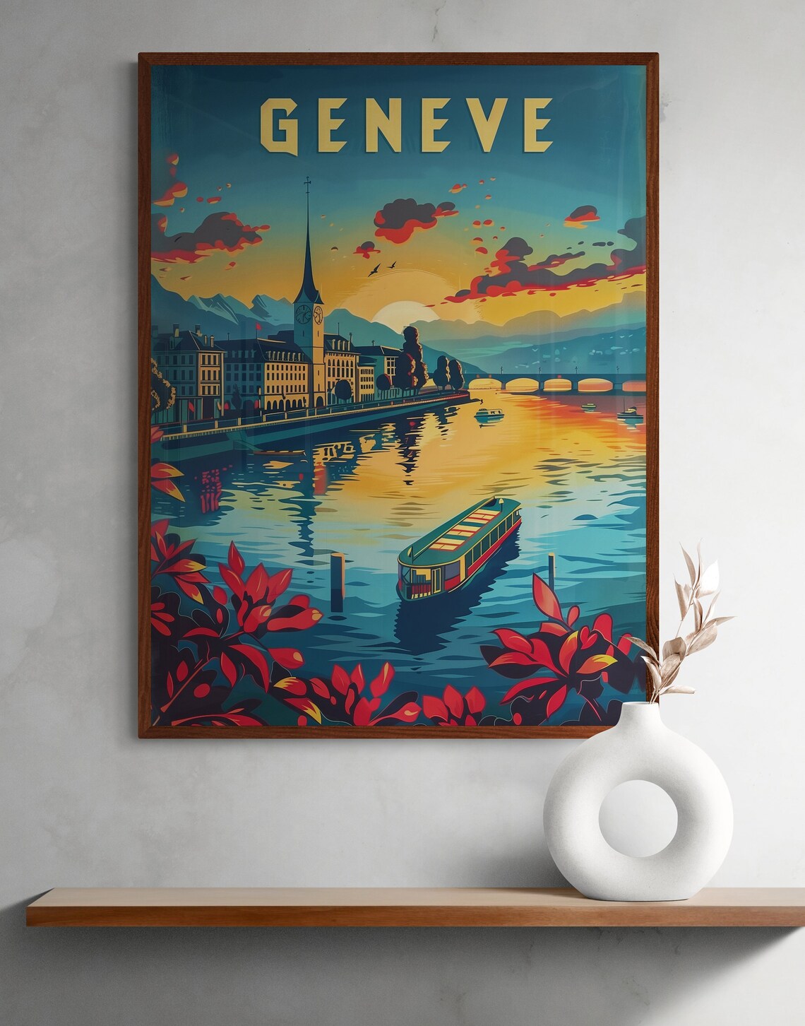 Geneve Sunset Harbor Boat and Church Tower Vintage Travel Poster