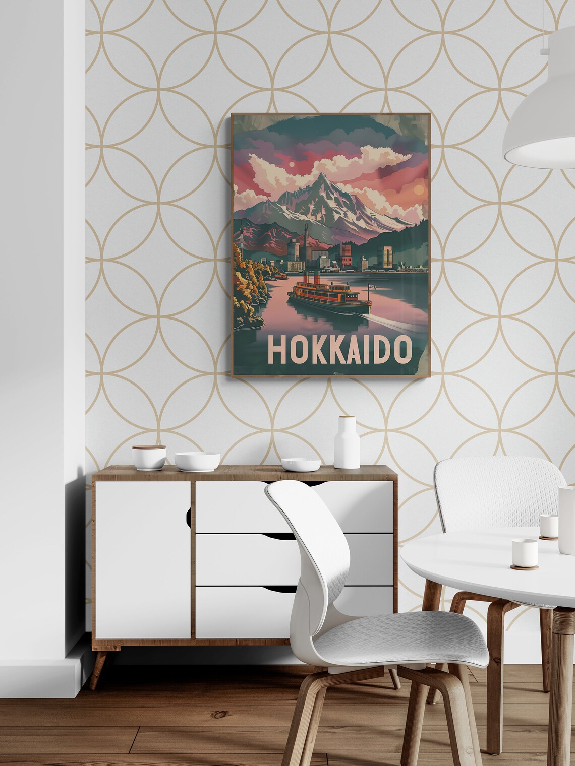 Hokkaido Japan Snowy Peak Lake Ferry Sunset Vintage Travel Poster - Image 5
