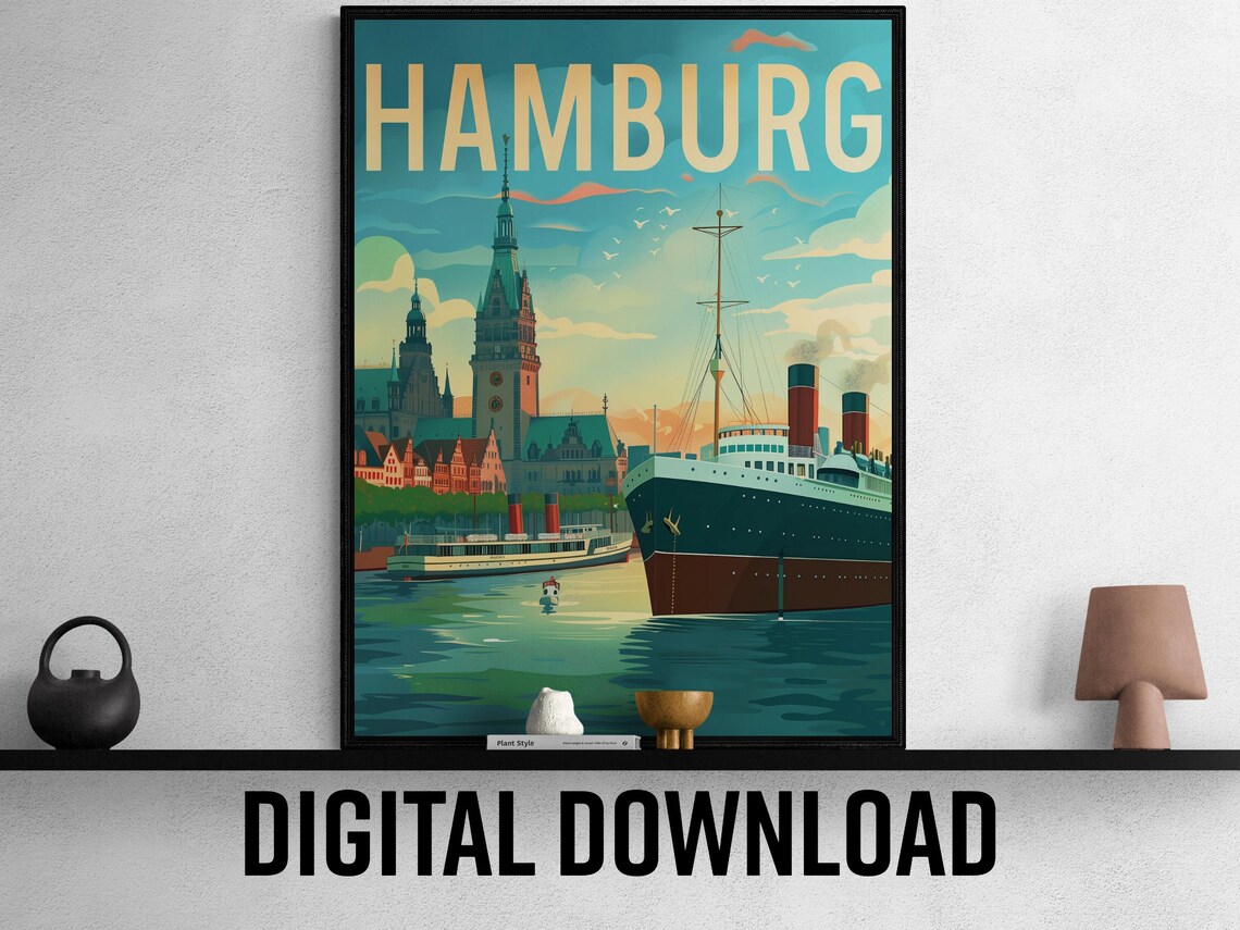 Hamburg Germany Harbor Tall Ships Town Hall Vintage Travel Poster