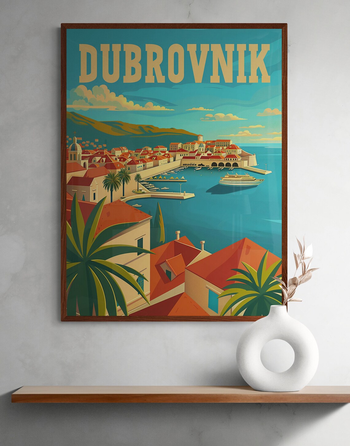 Dubrovnik Old Town Harbor and Cruise Ship Vintage Travel Poster