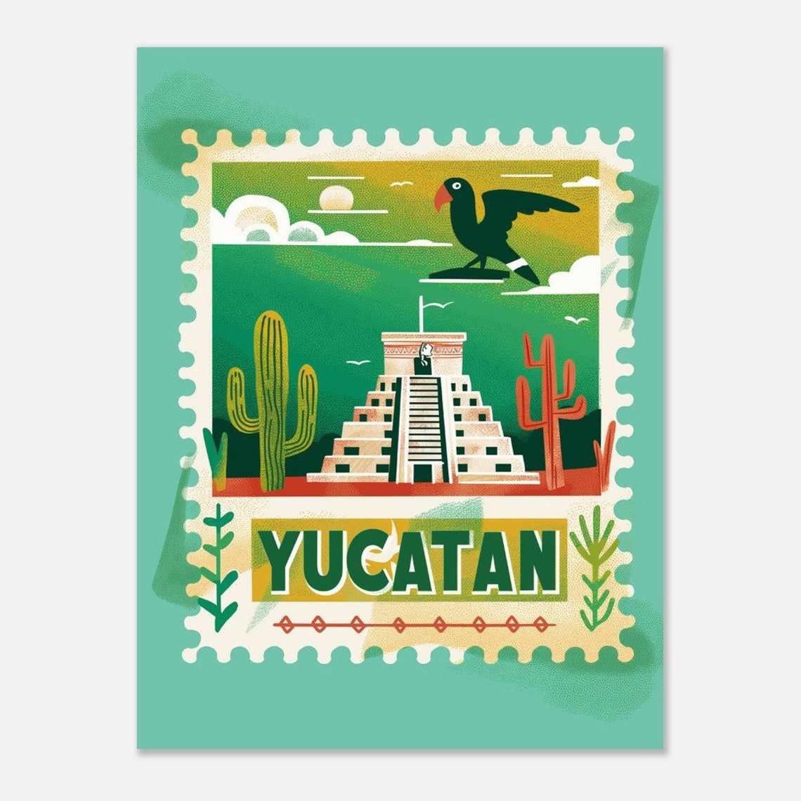 Yucatan Mexico Mayan Pyramid Cactus Stamp Style Travel Poster - Image 2