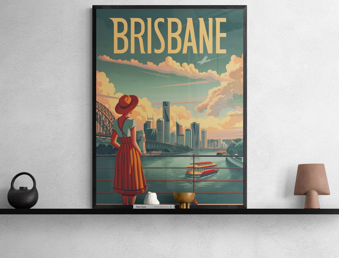 Brisbane Story Bridge Skyline and River Ferry Vintage Travel Poster - Image 3