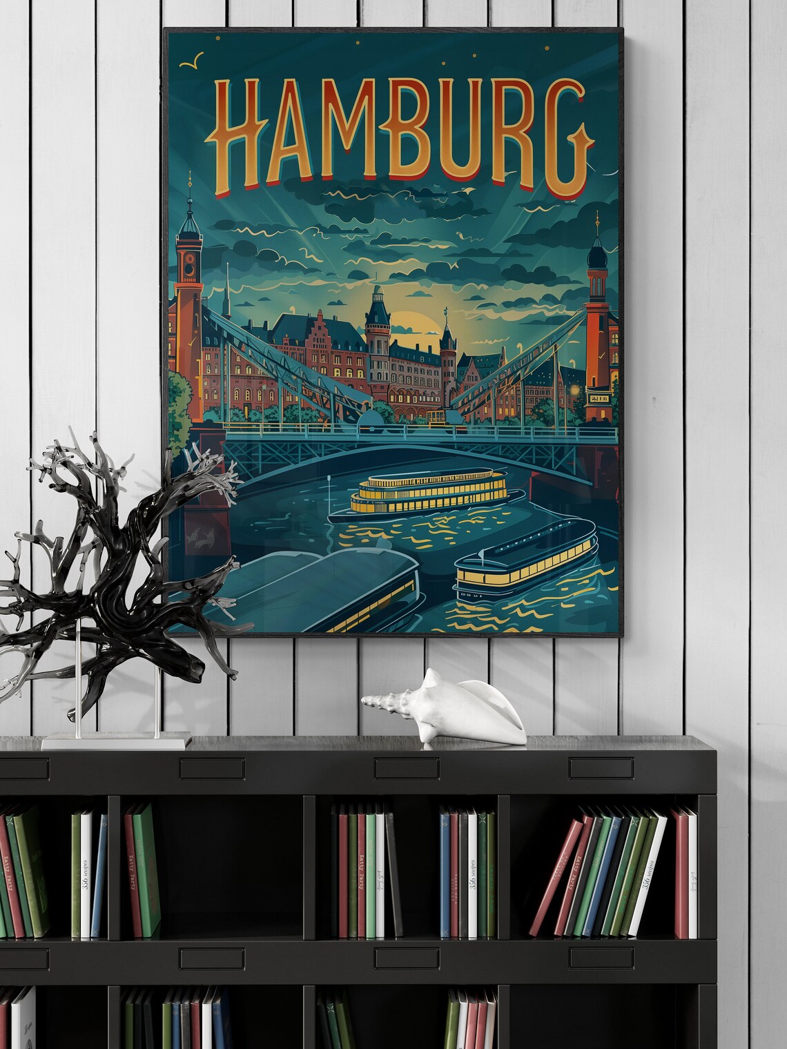 Hamburg Night Harbor Illuminated Boats Bridge Vintage Travel Poster - Image 4