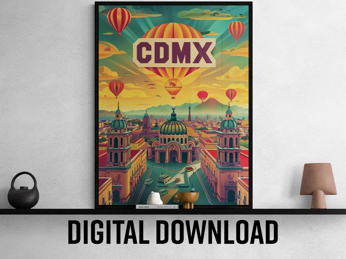 CDMX Cathedral Balloons Vintage Travel Poster Mexico City Sky Scene