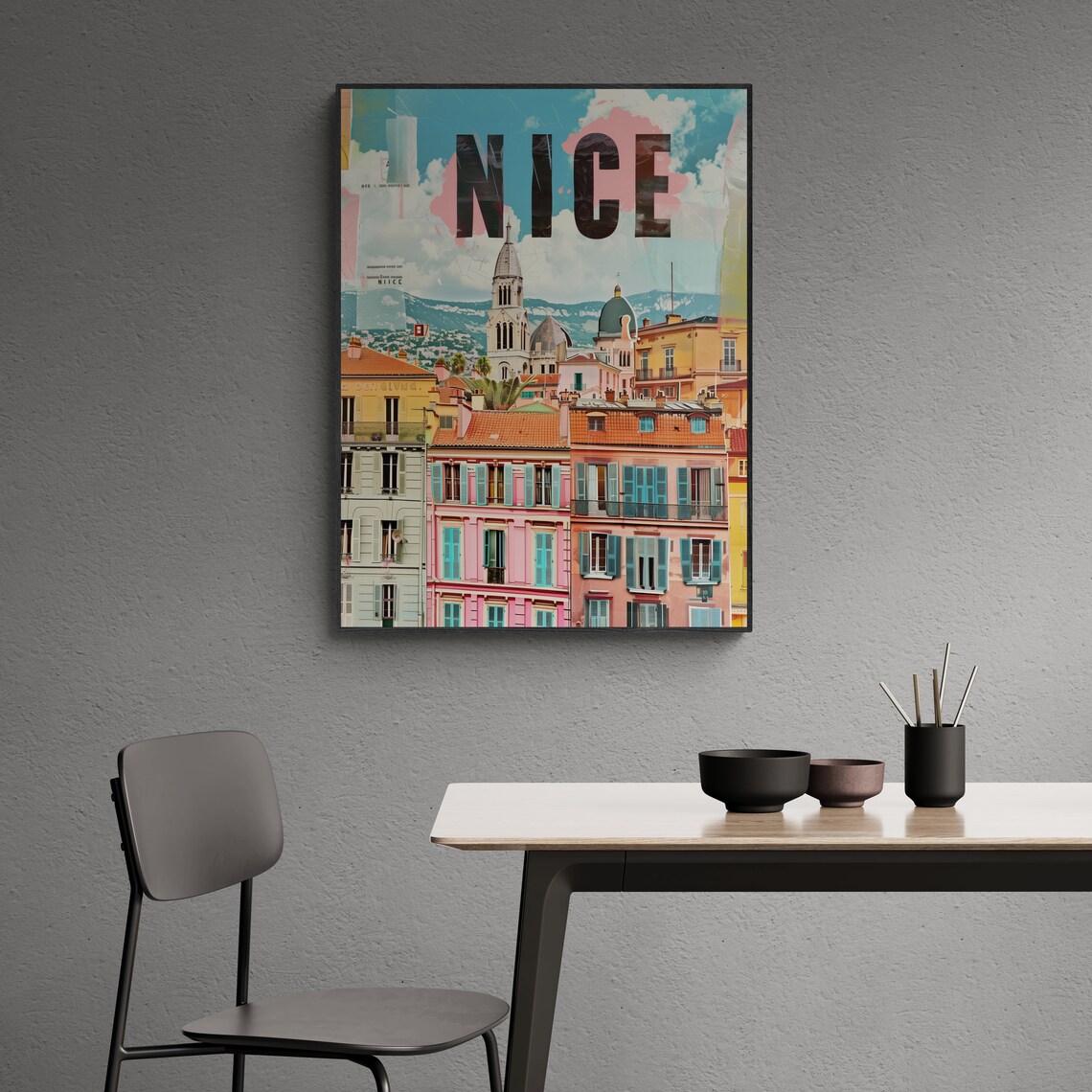 Nice Pastel Facades Bell Tower Collage Pink France Travel Poster - Image 5