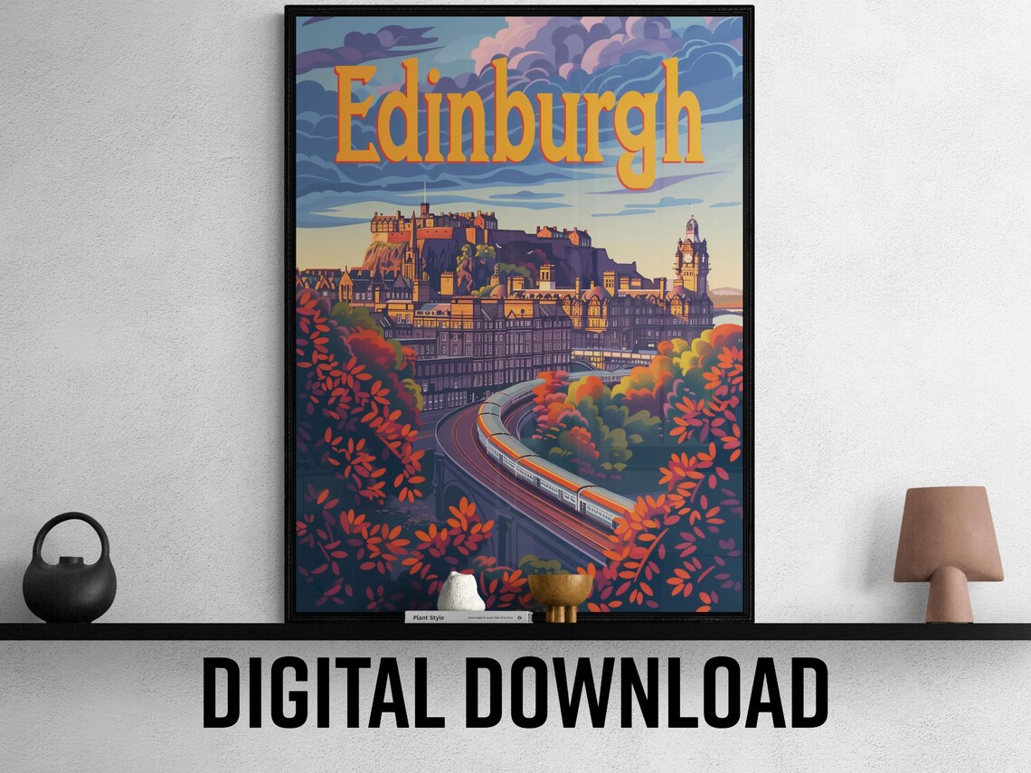 Edinburgh Castle Autumn Vintage Travel Poster Scotland Cityscape View